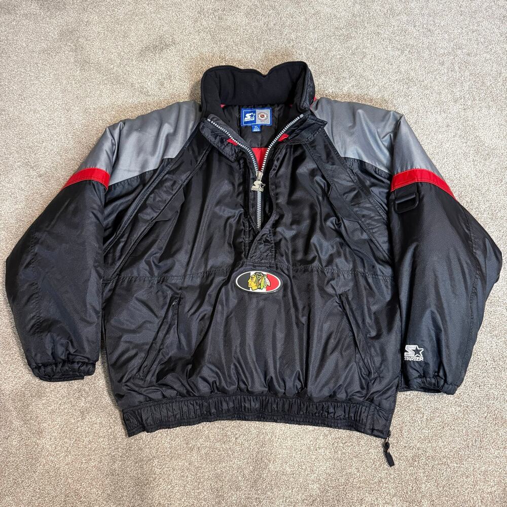 Vintage Chicago Blackhawks Starter Pullover Jacket Black NHL Hockey Y2K Size XL